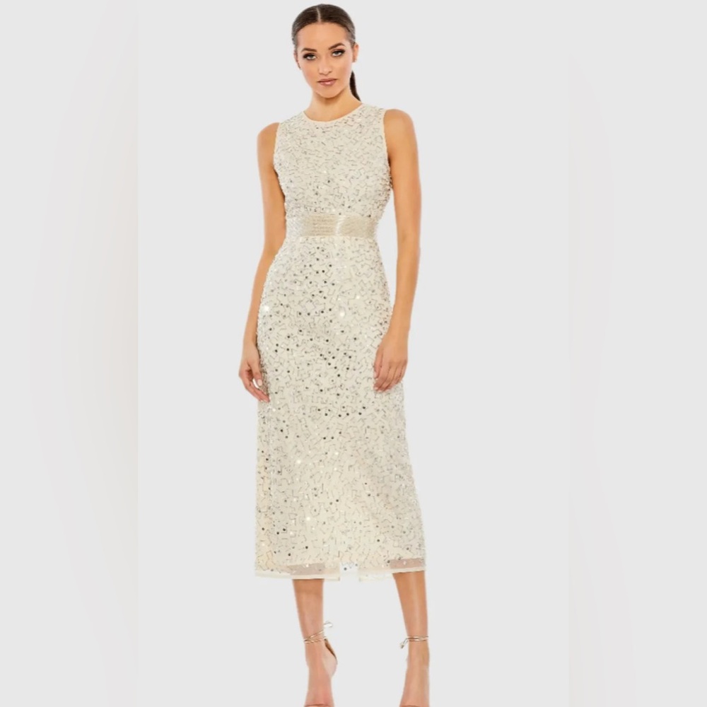 MacDuggal Beige Geometric Embellished Sleeveless Sheath Dress- Size 10